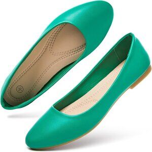 Women's Green PU Leather Closed Toe Slip on Comfortable Ballet Flats Shoes